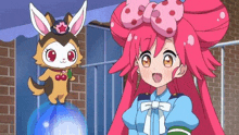a girl in a blue dress is standing next to a bunny rabbit in a cartoon .