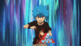 a boy with blue hair is holding a card that says a on it