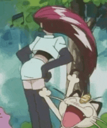 a cartoon character with long red hair is standing next to a cat with its tongue hanging out .