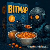 a robot is eating a bowl of bitmap cereal with a spoon