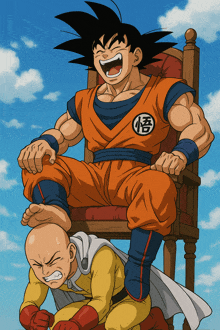 a cartoon of goku sitting on a chair with a chinese symbol on his chest