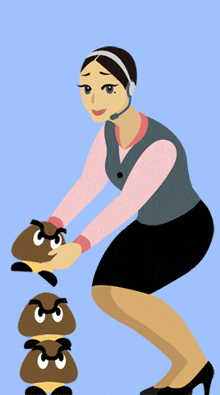 a woman wearing a headset is squatting down with three goombas on top of her