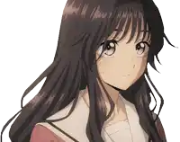 a close up of a girl 's face with long hair