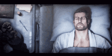 a man laying in a bed with his eyes closed