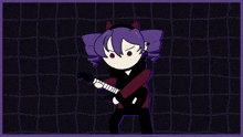 a cartoon girl is playing a guitar in front of a grid background .