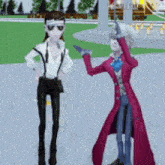 a man in a red coat is standing next to a woman