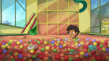 a cartoon of a boy in a ball pit with a drink and a phone