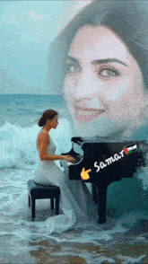 a woman in a white dress is playing a piano in the ocean