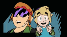 two cartoon characters are standing next to each other and one of them is wearing sunglasses and headphones .