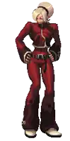 a pixel art of a woman in a red outfit standing with her hands on her hips .