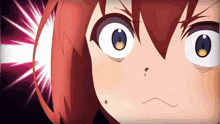a close up of a cartoon character 's face with red hair and blue eyes