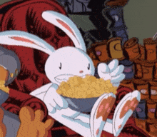 a cartoon rabbit is sitting on a chair eating popcorn