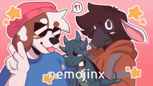 a cartoon drawing of a dog a rabbit and a dragon with the name demojinx on the bottom