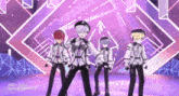 a group of anime characters are dancing on a stage with purple lights behind them
