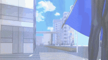 a blue flag is flying in the wind in front of a city
