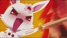 a cartoon rabbit with a flower on its head holds a sword
