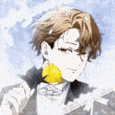 a pixel art of a man in a suit holding a yellow flower