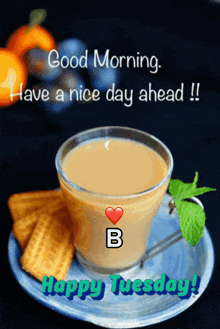 a cup of coffee on a saucer with the words good morning have a nice day ahead and happy tuesday