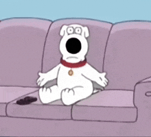 a cartoon dog is sitting on a couch with his eyes closed