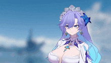a drawing of a girl with purple hair and blue earrings