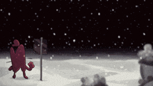 a cartoon character standing in the snow with a sign in the background