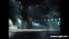 a giant monster is crawling through a dark room with smoke coming out of it .