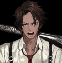 a man with suspenders and a red tie holds a bat