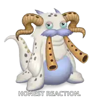 a cartoon monster with horns and a mustache is holding two flutes in its mouth and says honest reaction