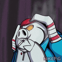 a cartoon drawing of a pig smoking a cigarette with the name nikepig on the bottom