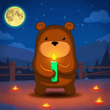 a cartoon bear is holding a green candle