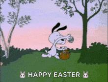 a cartoon of snoopy holding a basket of easter eggs with the words happy easter below him