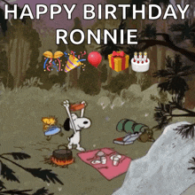 a cartoon of snoopy celebrating his birthday with balloons and a cake