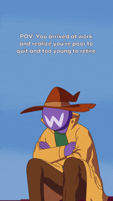 a cartoon of a man with a w on his face sitting down