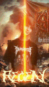 a person wearing a death metal shirt is standing in front of a poster