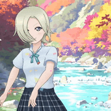 a girl in a plaid skirt is standing next to a river