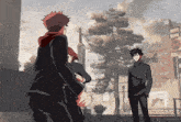 a group of anime characters are standing on a city street
