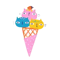 a colorful ice cream cone with three cats on top of it