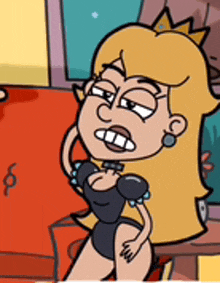 a cartoon of a woman in a black dress and a crown on her head .