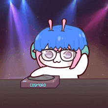 a cartoon drawing of a person playing music with a box that says cosmoro