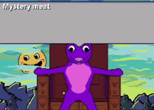 a purple frog is standing in front of a sign that says ' mystery meat '