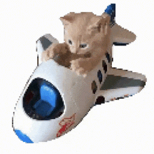 a kitten is sitting on top of a toy rocket