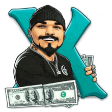 a cartoon of a man holding a dollar bill with a blue x behind him
