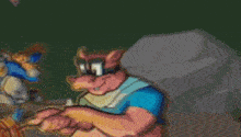 a cartoon of a pig wearing glasses and a blue shirt .