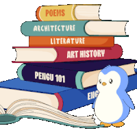 a penguin stands in front of a stack of books including poems architecture literature and art history