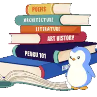 a penguin stands in front of a stack of books including poems architecture literature and art history