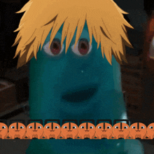 a cartoon character with yellow hair is surrounded by a row of orange cartoon characters