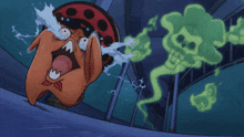 a cartoon character with tears running down his face and a green ghost in the background