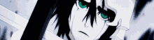 a cartoon character with green eyes and black hair