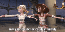 two cartoon characters are standing next to each other with the caption aww yay so cute the candy emmalily