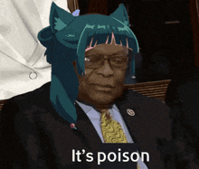 a man in a suit and tie with a cat on his head and the words it 's poison